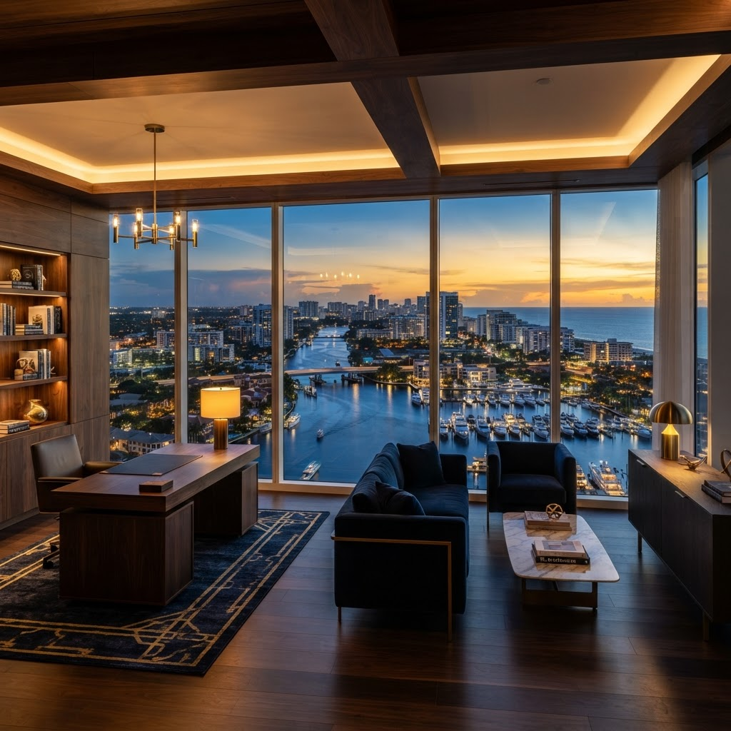 A modern Fort Lauderdale high-rise office interior with a water view at dusk.