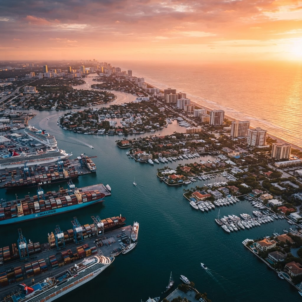 An aerial view of Port Everglades and the Fort Lauderdale Intracoastal Waterway at sunrise.