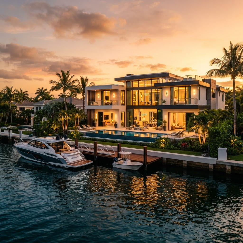 A modern waterfront residence on Las Olas in Fort Lauderdale at golden hour, seen from the canal.